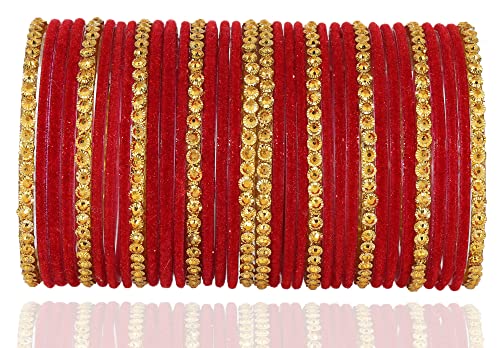 Image of NMII Premium Glass & Golden Beads Velvet Bangle Set For Women and Girls | Velvet Chudi | Traditional Chudi Set | Designer Girl's Bangles Bracelet | Wedding, Party, Festive, Daily- Set of 34
