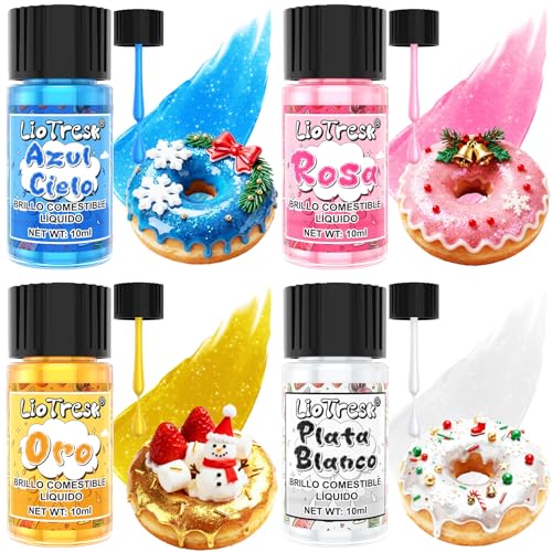 Purpurina Comestible, 4 Colores de Pintura Líquida Purpurina Comestible para Tartas, Purpurina Comestible Reposteria Metálico para Decoración de Tartas, Bebidas, Glaseado, Cócteles, Fresas, 10ml