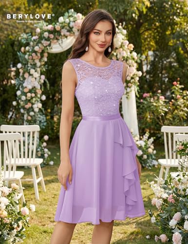 Image of BeryLove Womens Boat Neck A Line Sleeveless Lace Formal Homecoming Dress | Short Dress With Ruffle Hem, Sparkly Design Ideal For Wedding Guest,Bridesmaid Cocktail Prom & Evening Party Events