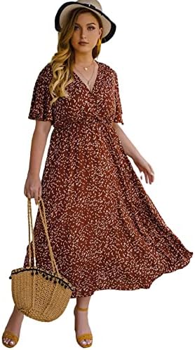 Floerns Women's Plus Size Boho Floral V Neck Short Sleeve A Line Long Dress Rust Brown 2XL