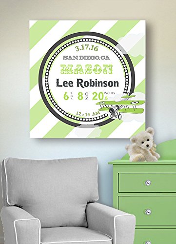 Personalized Stretched Canvas Birth Announcement Gift, Custom Baby Name, Date, Weight Stats, Newborn Airplane Nursery Wall Art Decor, Wooden Frame Construction, Ready to Hang 24X24