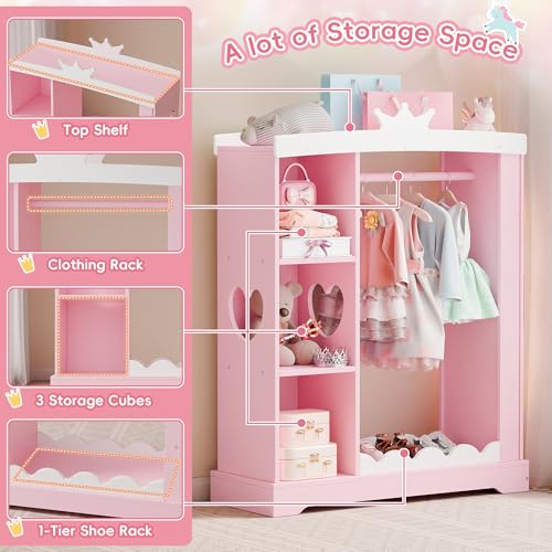 Xilingol-Kids-Armoire-with-Jewelry-Cabinet-Dress-up-Storage-with-Mirror-and-Shelves-Princess-Dress-Closet-and-Costumes-Wardrobe-Closet-Costume-Organizer-for-Bedroom-Kids-Room-Girls-Pink Xilingol Kids Armoire with Jewelry Cabinet Dress up Storage with Mirror and Shelves Princess Dress Closet and Costumes Wardrobe Closet Costume Organizer for Bedroom Kids Room Girls Pink