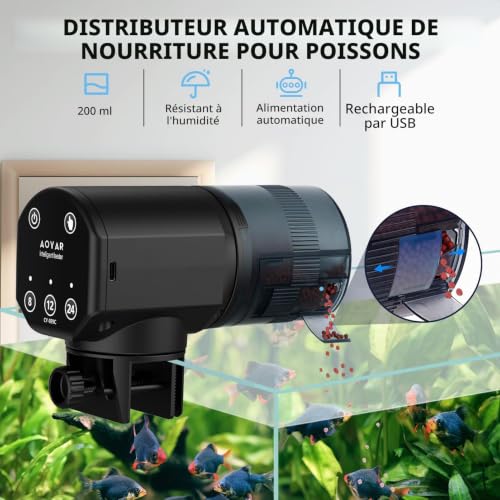 Distributeur automatique de nourriture pour aquarium Distributeur de nourriture pour poissons : USB rechargeable par USB, résistant à l'humidité et 200 ml Grande capacité Distributeur automatique de – vue 2