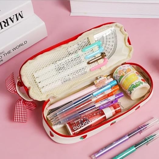 Image of M.F.H Strawberry Print Makeup & Pencil Pouch for Girls | Cute Pink Travel Cosmetic Bag with Bow, Dual Zipper & Spacious Storage | Stylish Stationery Organizer (Pack of 1)