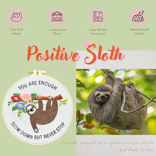 Image of La glaneuse Embroidery Kit for Adult, Beginner Embroidery Kit with Cute and Funny Animal Pattern, Eight Simple Stitches to Get a Positive Sloth, Mental Health and Stress Relief Gift for Him /Her