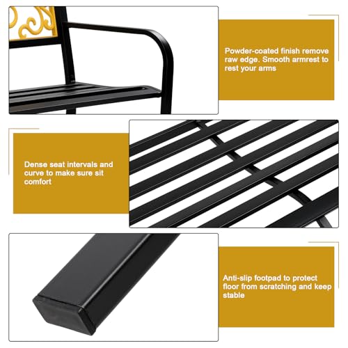 Image of VINGLI Outdoor Bench for Patio Metal Garden Bench w /PVC Back Pattern, Black Park Benches Front Porch Benches for Yard Lawn Decor Deck Entryway (Yellow&Black)