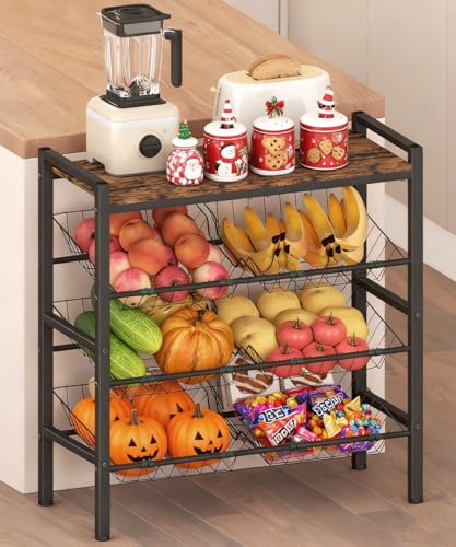 Tigerden Kitchen Fruit and Vegetable Storage Rack, 4-Tier Fruit Basket Stand, Freestanding Snack Display Organizer Shelf, Small Kitchen Island with Wood Top for Pantry, Office, Living Room, Black