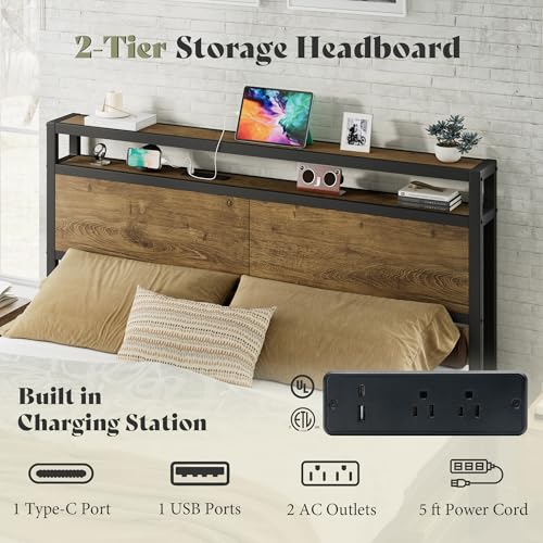 Image of AMERLIFE Queen Size Bed Frame with Storage Headboard & Charging Station, Industrial Metal Platform Bed with Large Under-Bed Storage, Heavy Duty Slats, No Box Spring Needed, Rustic Brown