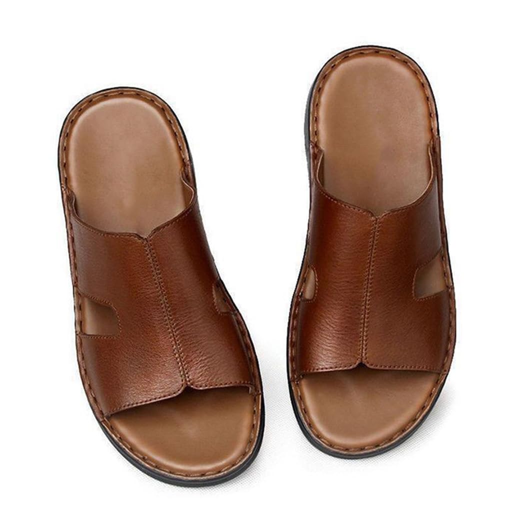 Yczhd Men's Dark Brown Leather Slippers Handmade,Non Slip Open Toe Outdoor Comfort Arch Support Sandals,Soft Leather With Soft Bottom Slippers(Size:eu 43,Color:dark Brown)