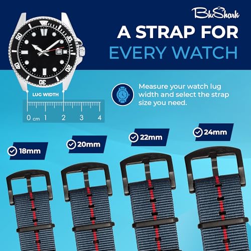 Image of BluShark - Original Collection Military-Style Waterproof Watch Strap, Fits All Timepiece Brands, Durable Nylon Wristwatch Accessories with Stainless Steel Buckle - 18mm, 20mm, 22mm & 24mm Watch Bands
