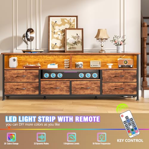 Image of Furologee TV Stand for Bedroom, 63 Inch Entertainment Center for 65 70 Inch TVs, 6 Drawers Dresser with Power Outlets and LED Lights, Media Console for Living Room, Rustic Brown
