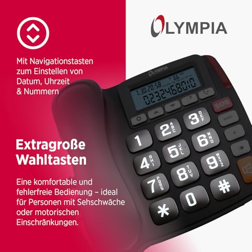 Olympia Großtastentelefon 4520 | Seniorentelefon Festnetz | mit extragroße Wahltasten | Festnetztelefon mit Schnur | hörgerätekompatibel | Senioren Telefon mit Kabel | großes LCD-Display | schwarz – Bild 4