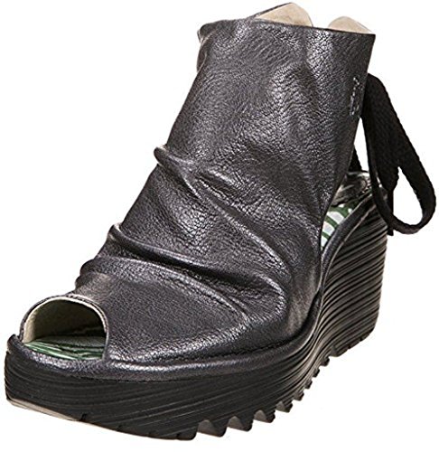 FLY London Yame Black Mousse Womens Leather Wedge Sandals Shoes