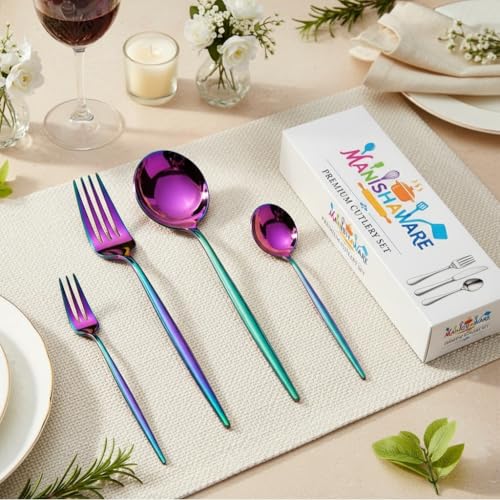 Image of Classic Rainbow 24 Pcs Stainless Steel Cutlery Set for Dining Table, Dishwasher Safe Glossy Flatware (Perfect Spoon Fork Set)