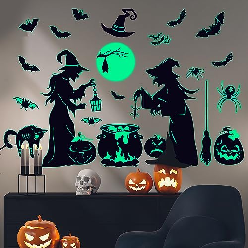 AnyDesign 2 Sheet Halloween Witch Glow in The Dark Wall Stickers Witch Bat Pumpkin Spider Wall Decals Luminous Wall Clings Decor for Halloween Party Home Office Wall Glass Mirror Decorations