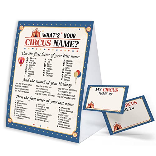 What's Your Circus Name Game Sign with Name Tag Stickers for Baby Shower, Baby Shower Decorations, Birthday Party Game, Baby Shower Games Fun for Adults & Kids Family Class Office Activity PTWYN18