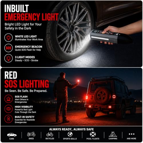 Image of Carlizem 4-in-1 Car Vacuum Cleaner Cordless with Tyre Inflator, Jump Starter & Emergency Light | Portable Car Emergency Kit, 150 PSI Air Pump, 600A Battery Booster Flash