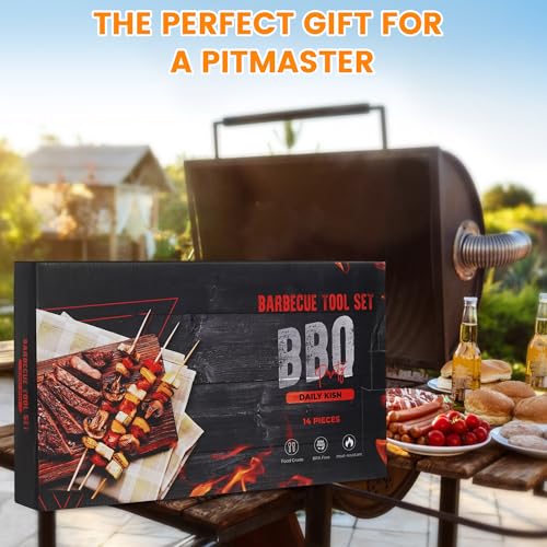 Grillzubehör-Set, Grillwerkzeug-Set aus Edelstahl mit 4-in-1-Grillspatel, Grillgabel, Grillzange, Grillspieß, Maiskolbenhaltern aus Silikon