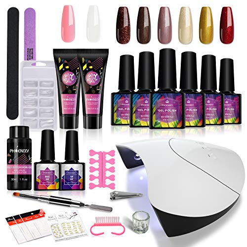 Gel Nail Polish Kit with 36W LED UV Nail Lamp 6 Colors Phoenixy Soak off Gel Polish 2 Poly Nail Extension Gel Basic Manicure Tools All In One Beginner Starter Kit Gift