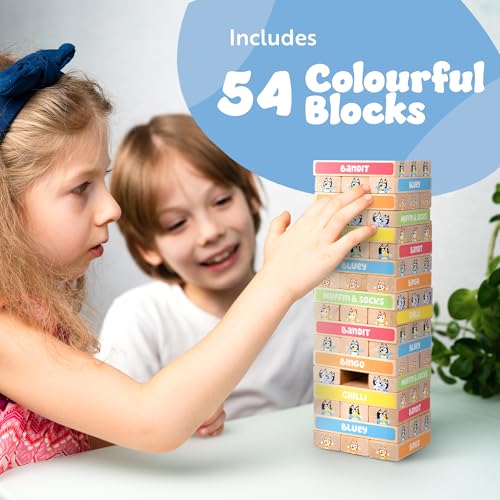 Image of Bluey Tumbling Tower Game, 54 Illustrated Wooden Blocks, Ages 3+
