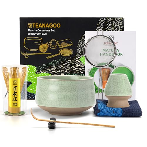 TEANAGOO Matcha Set| Matcha Besen|Matcha Tea Set | Matcha Schale| Matcha Whisk,Schaufel, Sieb, Matcha-Besenhalter, Matcha-Besenständer-7 Stück MatchaTee Sets,N6, Lt.grün mit Schwarzer Naht