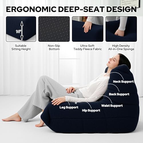 Image of HABUTWAY Bean Bag Chairs Fireside Lazy Floor Sofa,Single,Navy Blue | Soft Teddy Fleece Bean Bag Sofa with High-Resilience Foam Filling,Beanbag for Living Room, Bedroom, Office