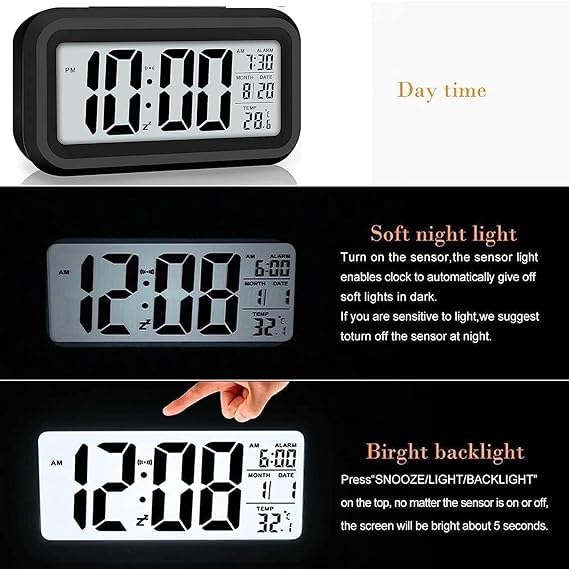 ERITIN Digital Alarm Clock Table Clock for Students, Home, Office & Corporate | Auto Sensor, Date, Temperature Display | Black, Plastic, 14W x 8H cm 3