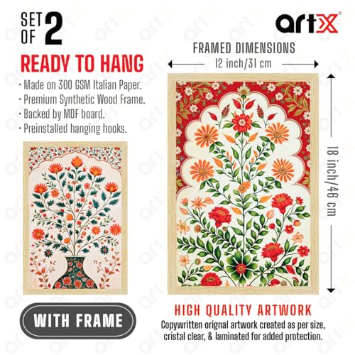 Image of ArtX Paper Floral Art Paintings with Frame for Home Decor, Madhubani Wall Painting for Living Room, Multicolor, Natural Wood Color Frames, 12.0 x 18.0 inch, Set of 2