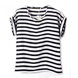 VOBAGA Women's Black White Stripe Pattern Printed Loose Batwing Chiffon Blouse T-Shirt XL