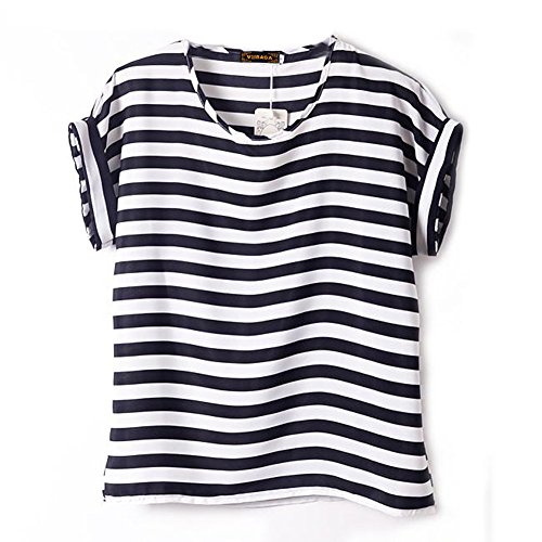 VOBAGA Women's Black White Stripe Pattern Printed Loose Batwing Chiffon Blouse T-Shirt XL