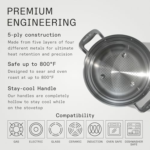 Made In Cookware - 8 Quart Stainless Steel Stock Pot with Lid and Pasta Insert - 5 Ply Stainless Clad - Professional Cookware - Made in Italy - Induction Compatible - Image 3