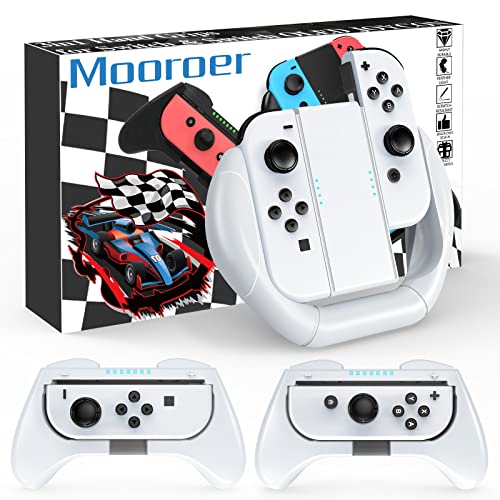 Mooroer Grip pour Nintendo Switch/Switch OLED Joy-Cons Manette, Volants Poignées Grips Switch pour Mario Kart Jeux Switch Kits Accessoires Pack de 3 Deluxe, Blanc
