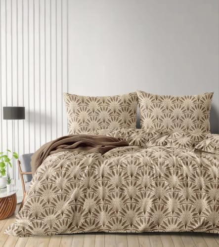 Image of Bedding Set Combo of Double Bed Duvet Cover Set with Fitted Bedsheet & 2 Pillow Covers | 300 TC Cotton Fabric | Zipper Closure |All Round Elastic|Warm Stuff|SED 056|Dark Beige