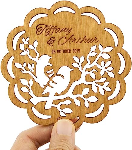 Summer-Ray 12 sottobicchieri personalizzati in legno per bomboniere, piccioncini rustici, ricordo di matrimonio