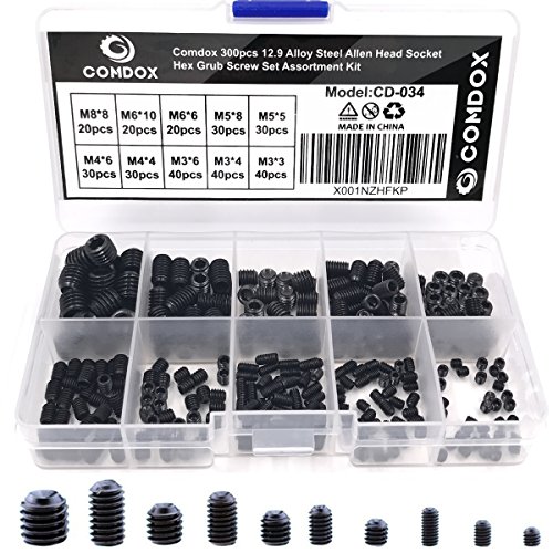 Comdox 300pcs M3/4/5/6/8 Allen Head Socket Hex Grub Screw Set Assortment Kit with Plastic Box 12.9 Class Black Alloy Steel