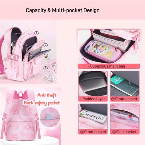 3Pcs Set Backpacks for Girls Teen, Cute Flowers School Bag Girls Bookbags with Lunch Box Pencil Bag, Multi-Pockets Kids Backpack for Elementary & Middle School, Pink4