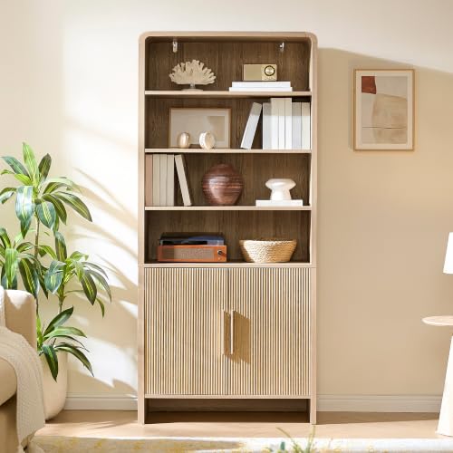 Image of AMERLIFE 71 inch Tall Wooden Bookcase with Storage Cabinet, Adjustable Shelves