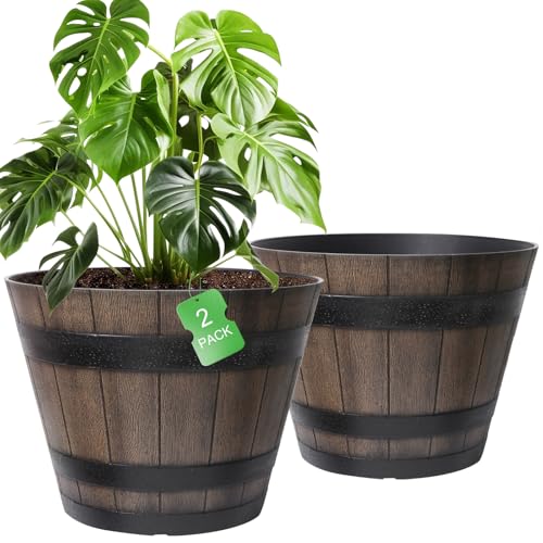 WEICHENGXING Large Plant Pots 22.25 Inch 2 Pack Plastic Whiskey Barrel Planters Big Flower Pots Wine Barrel Design for Outdoor Indoor Garden Porch Patio Backyard