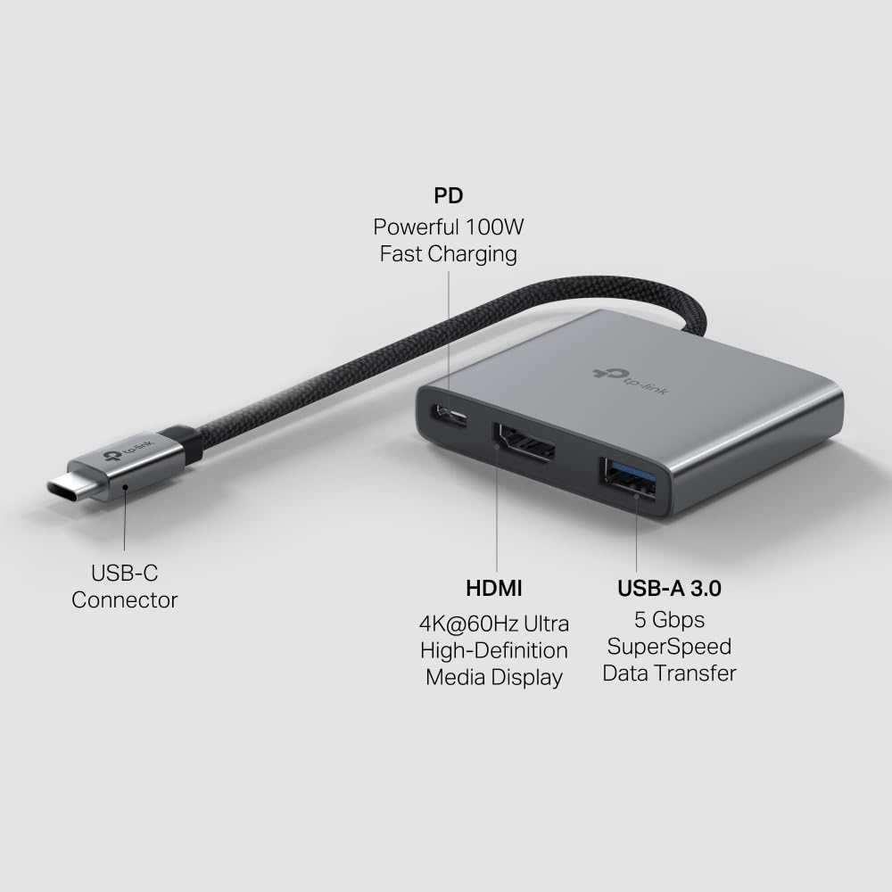 TP-Link Hub USB typu C 3 w 1 (UH3020C) – 4K HDMI 60 Hz, ładowanie PD 100 W, port USB-A 5 Gb/s, Plug & Play, stop aluminium, pleciony kabel, kompatybilny z Windows, macOS, iPadOS, ChromeOS, Android