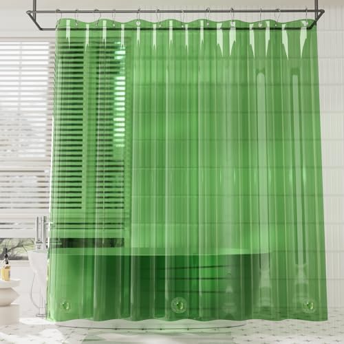 Image of AmazerBath Premium EVA Shower Curtain Clear Pine Green, Luxury Shower Curtain Dark Green Ultra Soft, Waterproof Bathroom Curtain with 3 Weighted Stones and 12 Grommets, Recyclable Packaging