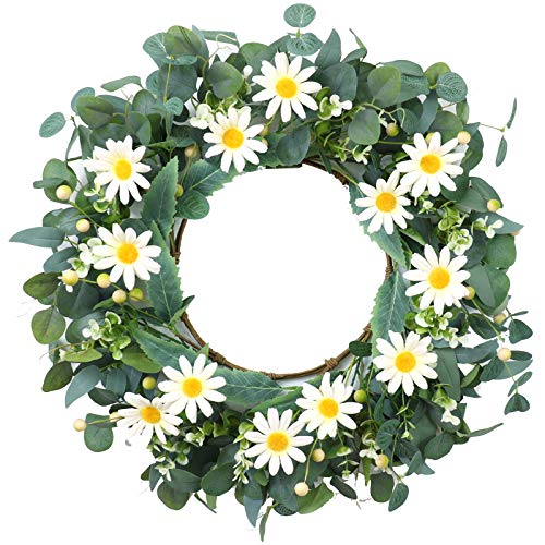 Artificial White Daisy Wreath,Floral Wreath With Green Eucalyptus Leaves Spring And Summer Wreath For Front Door Wall Window Decor-20In #TOP9