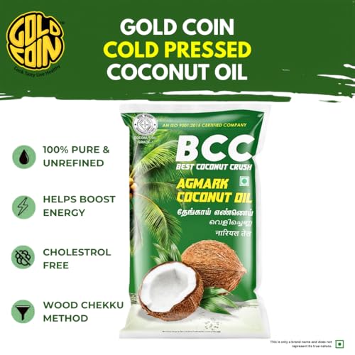 Image of GOLD COIN Agmark Coconut Oil 1L Pouch | 100% Pure Edible Grade | No Chemicals | Medium Chain Fatty Acids | Boosts Immunity | Leak-Proof HDPE Pack | Natural Coconut Aroma