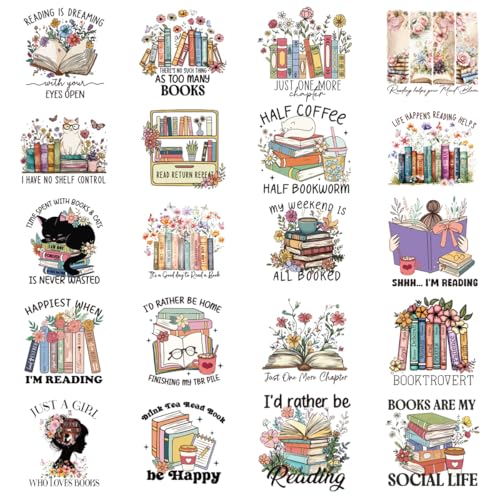 16 calcomanías de vinilo para amantes de los libros, listas para presionar, para leer, para planchar, con diseño de gusano de biblioteca, flores vintage, calcomanías de vinilo para ropa, almohadas