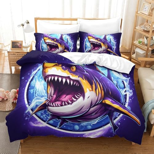 Housse de couette requin 3D grande taille contre lit découvert