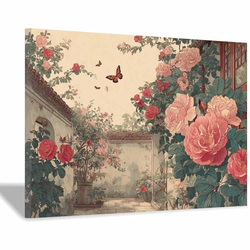 Peinture sur toile fleurs roses vintage pour salon et chambre déco asiatique 40x60cm