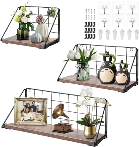 Yuehuamech Floating Shelves Wall Mounted Set of 3,Rustic Metal Wire Grid Wall Storage Shelves Display Racks Home Decor Wall Shelf for Bathroom Kitchen Living Room Office Bedroom