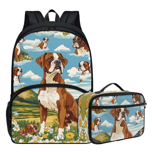 Kids Dog Boxer Print Backpack with Lunch Box with Front Pocket Comfy Padded Back Lightweight Student 17 Inch School Backpack and Lunch Bag Set for Girls Boys Animal Bookbag Ages 6-12