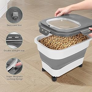   Pet-Food-Storage-Containers-20-23-Lbs-Collapsible-Dog-Food-Storage-Container-with-Measuring-Cup-ScoopDog-Poop-Bags-With-Dispenser-Dog-Food-Bin-to-Keep-Dry-Food-FreshDark-Grey