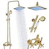 Rozin Gold LED LIght Rainfall Shower Faucet Set Wall Mounted Dual Handles Bathroom 8-Inch Square Rain Shower Head with Handheld Sprayer
