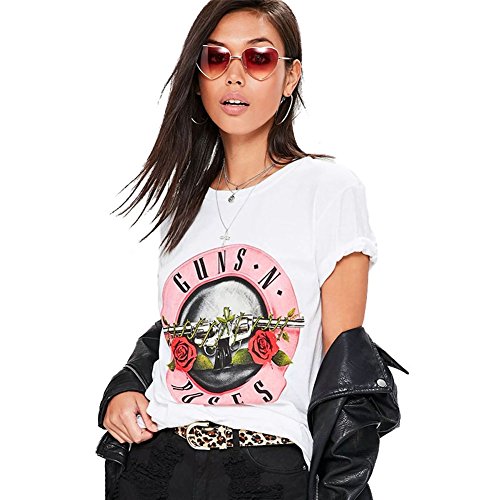 Women's Guns N Roses Print Short Sleeve Casual Loose White T-Shirt Blouse Tops(XL, White)